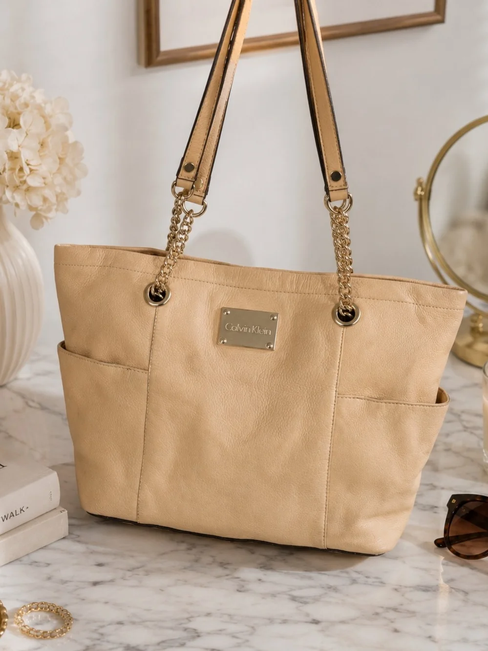 Calvin Klein Tan Tote with Gold Chain Handles - Picture 1 of 7